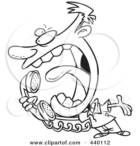 Royalty-Free (RF) Clip Art Illustration of a Cartoon Black And White Outline Design Of A Man Screaming Into A Telephone by toonaday