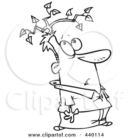 Royalty-Free (RF) Clip Art Illustration of a Cartoon Black And White Outline Design Of A Man With A Branch Growing From His Head by toonaday