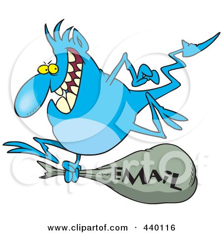 Royalty-Free (RF) Clip Art Illustration of a Cartoon Blue Gremlin With An Email Bag by toonaday