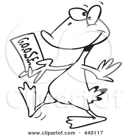 Royalty-Free (RF) Clip Art Illustration of a Cartoon Black And White Outline Design Of A Goose Walking With A Golden Ticket by toonaday