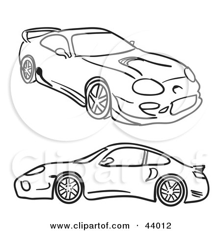 Clipart Illustration of Black And White Sketches Of Two Sports Cars, On White by Arena Creative