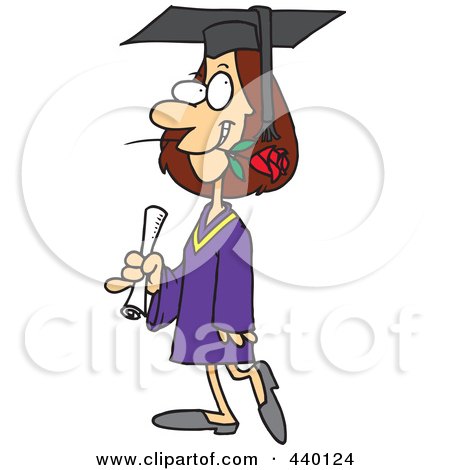 Royalty-Free (RF) Clip Art Illustration of a Cartoon Female College Graduate With A Rose In Her Mouth by toonaday