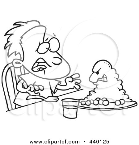 Royalty-Free (RF) Clip Art Illustration of a Cartoon Black And White Outline Design Of A Monster Emerging From A Boy's Dinner Plate by toonaday