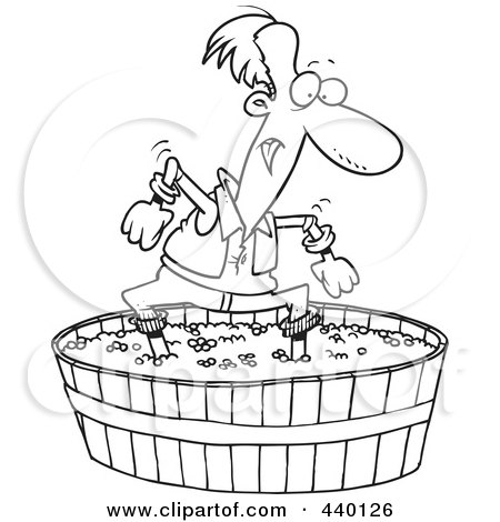 Royalty-Free (RF) Clip Art Illustration of a Cartoon Black And White Outline Design Of A Man Stomping Grapes by toonaday