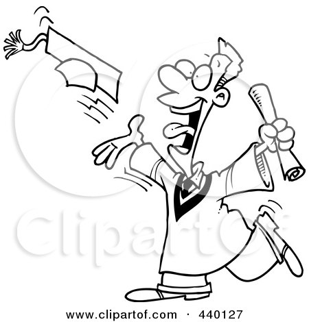 Royalty-Free (RF) Clip Art Illustration of a Cartoon Black And White Outline Design Of A Male Graduate Tossing His Cap by toonaday