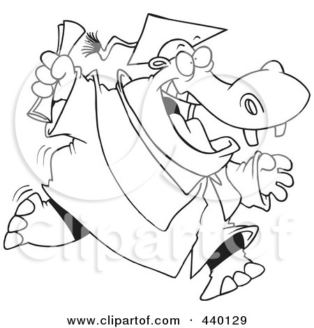 Royalty-Free (RF) Clip Art Illustration of a Cartoon Black And White Outline Design Of A Hippo Graduate Running by toonaday