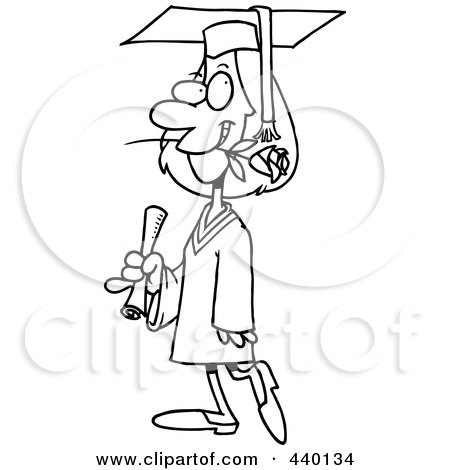 Royalty-Free (RF) Clip Art Illustration of a Cartoon Black And White Outline Design Of A Female College Graduate With A Rose In Her Mouth by toonaday