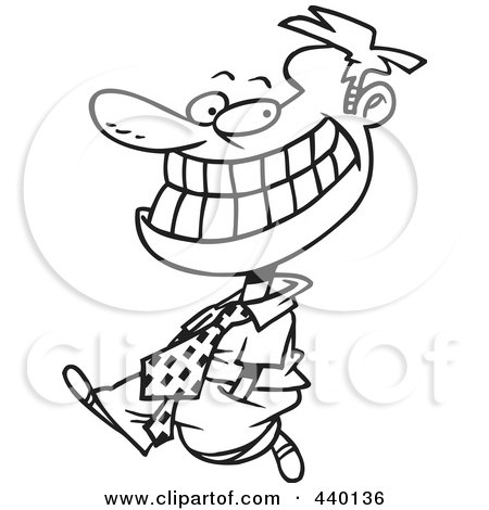 Royalty-Free (RF) Clip Art Illustration of a Cartoon Black And White Outline Design Of A Happy Businessman Walking And Grinning by toonaday