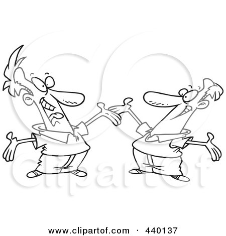Royalty-Free (RF) Clip Art Illustration of a Cartoon Black And White Outline Design Of A Two Happy Men Greeting Each Other by toonaday