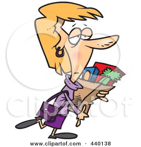 Royalty-Free (RF) Clip Art Illustration of a Cartoon Tired Woman Carrying A Bag Of Groceries by toonaday