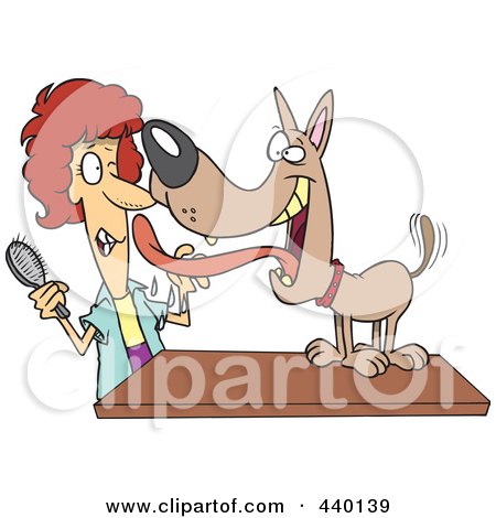 Royalty-Free (RF) Clip Art Illustration of a Cartoon Dog Licking His Groomer by toonaday