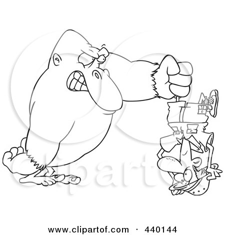Royalty-Free (RF) Clip Art Illustration of a Cartoon Black And White Outline Design Of A Gorilla Holding A Man Upside Down by toonaday