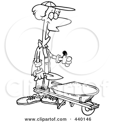 Royalty-Free (RF) Clip Art Illustration of a Cartoon Black And White Outline Design Of A Green Thumb Gardener With A Wheel Barrow by toonaday