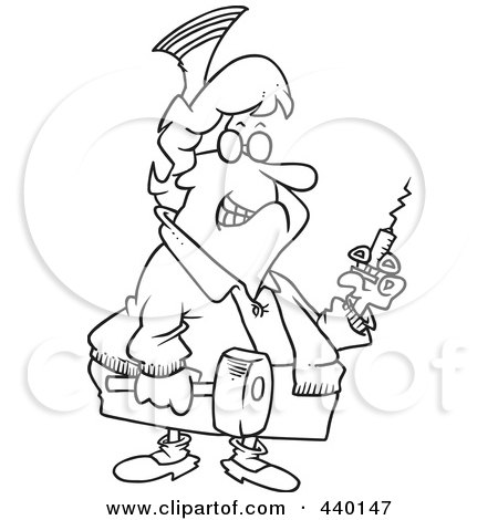 Royalty-Free (RF) Clip Art Illustration of a Cartoon Black And White Outline Design Of A Grim Nurse Holding A Syringe And Hammer by toonaday