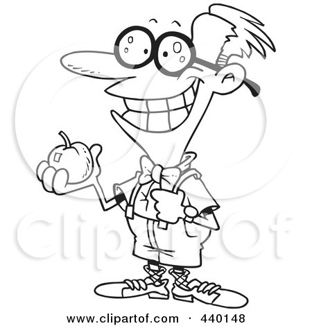Royalty-Free (RF) Clip Art Illustration of a Cartoon Black And White Outline Design Of A Nerdy School Boy Holding An Apple by toonaday