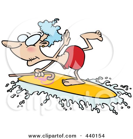 Royalty-Free (RF) Clip Art Illustration of a Cartoon Granny Surfing With Her Cane by toonaday