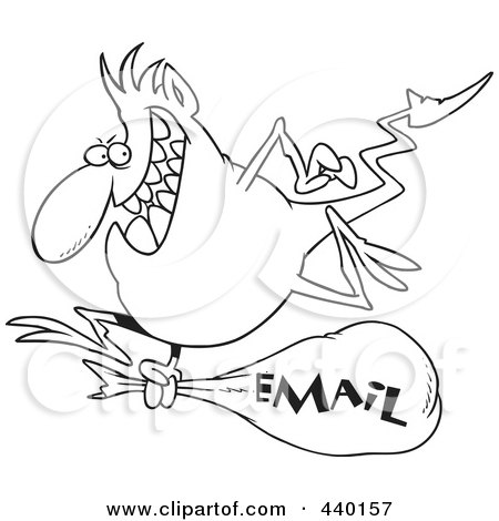 Royalty-Free (RF) Clip Art Illustration of a Cartoon Black And White Outline Design Of A Blue Gremlin With An Email Bag by toonaday