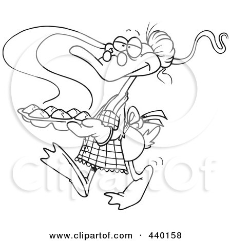 Royalty-Free (RF) Clip Art Illustration of a Cartoon Black And White Outline Design Of A Granny Duck Carrying Muffins by toonaday