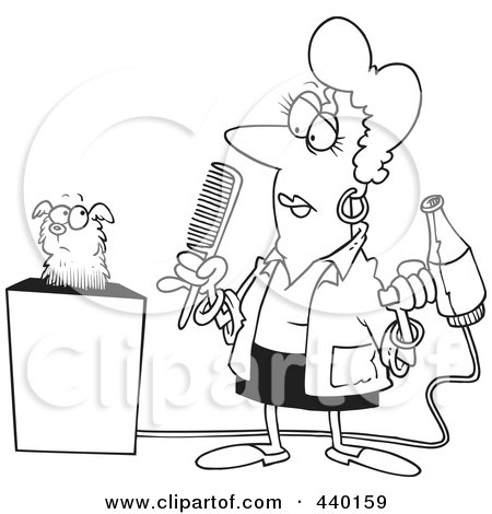 Royalty-Free (RF) Clip Art Illustration of a Cartoon Black And White Outline Design Of A Dog Groomer Holding A Comb And Blow Dryer by toonaday