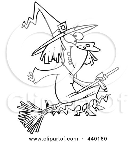 Royalty-Free (RF) Clip Art Illustration of a Cartoon Black And White Outline Design Of A Happy Witch On Her Broomstick by toonaday