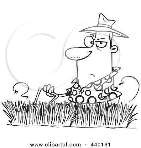 Royalty-Free (RF) Clip Art Illustration of a Cartoon Black And White Outline Design Of A Man Mowing Tall Grass by toonaday
