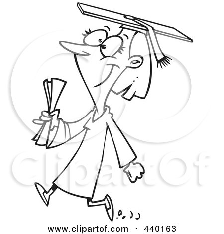 Royalty-Free (RF) Clip Art Illustration of a Cartoon Black And White Outline Design Of A Female College Graduate Walking by toonaday