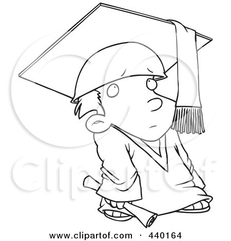 Royalty-Free (RF) Clip Art Illustration of a Cartoon Black And White Outline Design Of A Shy Graduate Boy by toonaday