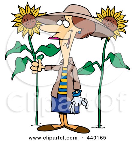 Royalty-Free (RF) Clip Art Illustration of a Cartoon Green Thumb Woman In Her Sunflower Gardener by toonaday