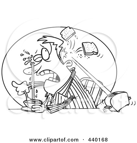 Royalty-Free (RF) Clip Art Illustration of a Cartoon Black And White Outline Design Of A Man Squirting His Eye With Grapefruit And A Toaster Hitting Him With Toast by toonaday