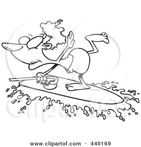 Royalty-Free (RF) Clip Art Illustration of a Cartoon Black And White Outline Design Of A Granny Surfing With Her Cane by toonaday