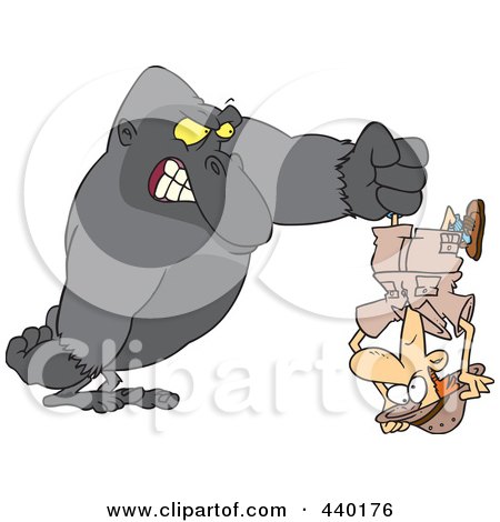 Royalty-Free (RF) Clip Art Illustration of a Cartoon Gorilla Holding A Man Upside Down by toonaday