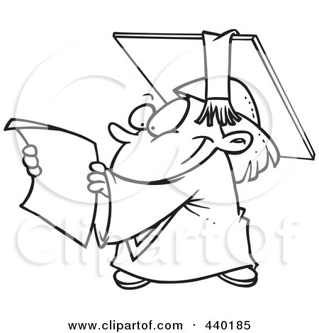 Royalty-Free (RF) Clip Art Illustration of a Cartoon Black And White Outline Design Of A Graduate Kid Reading A Certificate by toonaday