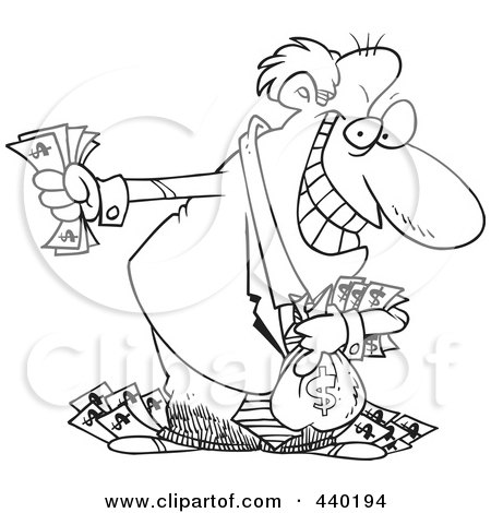 Royalty-Free (RF) Clip Art Illustration of a Cartoon Black And White Outline Design Of A Greedy Rich Businessman Holding His Money by toonaday