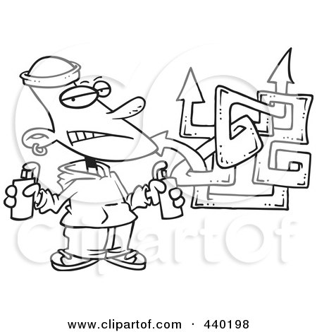 Royalty-Free (RF) Clip Art Illustration of a Cartoon Black And White Outline Design Of A Punk Boy Spray Painting Graffiti by toonaday