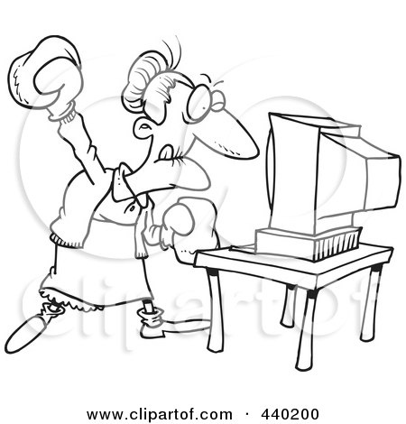 Royalty-Free (RF) Clip Art Illustration of a Cartoon Black And White Outline Design Of A Mad Granny Beating A Computer With Boxing Gloves by toonaday