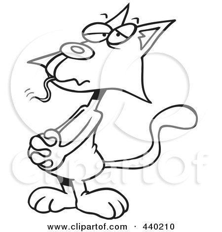Royalty-Free (RF) Clip Art Illustration of a Cartoon Black And White Outline Design Of A Guilty Cat With A Mouse In His Mouth by toonaday