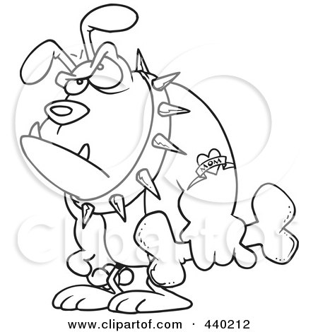 Royalty-Free (RF) Clip Art Illustration of a Cartoon Black And White Outline Design Of A Grumpy Bulldog Holding A Bone by toonaday