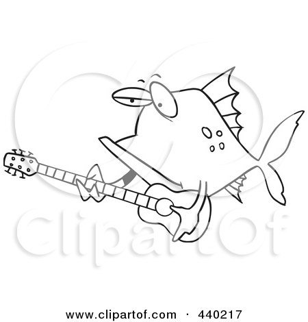 Royalty-Free (RF) Clip Art Illustration of a Cartoon Black And White Outline Design Of A Fish Guitarist by toonaday