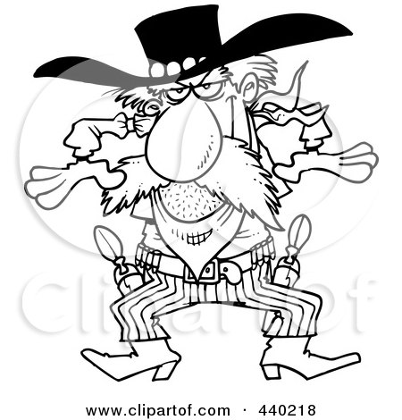 Royalty-Free (RF) Clip Art Illustration of a Cartoon Black And White Outline Design Of A Western Gunslinger Cowboy by toonaday