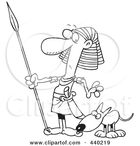 Royalty-Free (RF) Clip Art Illustration of a Cartoon Black And White Outline Design Of A Dog Sniffing An Egyptian Guard's Foot, by toonaday