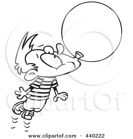 Royalty-Free (RF) Clip Art Illustration of a Cartoon Black And White Outline Design Of A Little Boy Floating Away With A Big Bubble Of Gum by toonaday