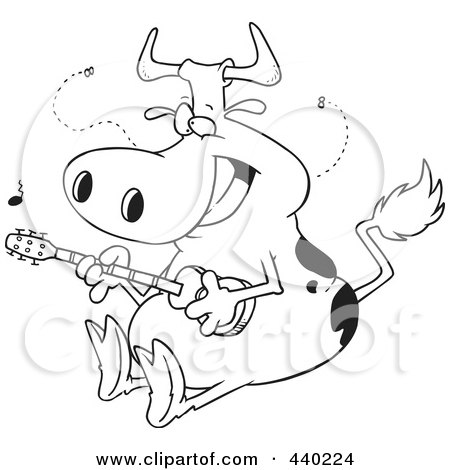 Royalty-Free (RF) Clip Art Illustration of a Cartoon Black And White Outline Design Of A Cow Guitarist by toonaday