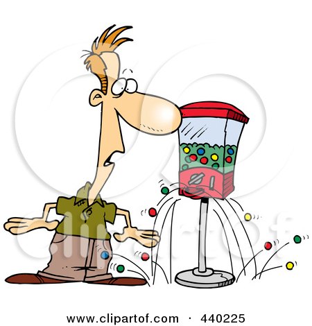 Royalty-Free (RF) Clip Art Illustration of a Cartoon Gumball Machine Dropping Gum On The Floor By A Man by toonaday
