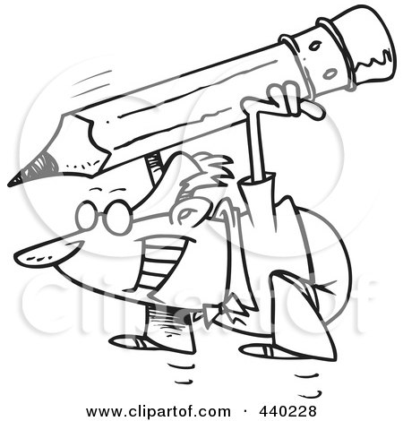 Royalty-Free (RF) Clip Art Illustration of a Cartoon Black And White Outline Design Of A Businessman Jumping And Holding A Giant Pencil by toonaday