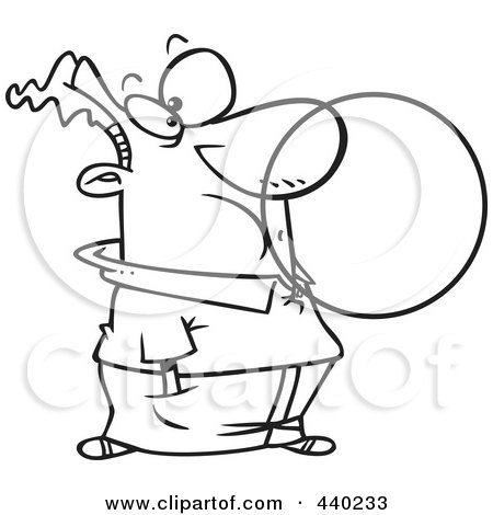 Royalty-Free (RF) Clip Art Illustration of a Cartoon Black And White Outline Design Of A Man Blowing A Big Bubble With Chewing Gum by toonaday