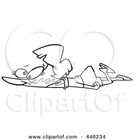 Royalty-Free (RF) Clip Art Illustration of a Cartoon Black And White Outline Design Of A Woman Collapsed On The Ground With Bubble Gum In Her Face by toonaday