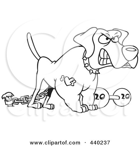 Royalty-Free (RF) Clip Art Illustration of a Cartoon Black And White Outline Design Of A Guard Dog With A Dumbbell by toonaday