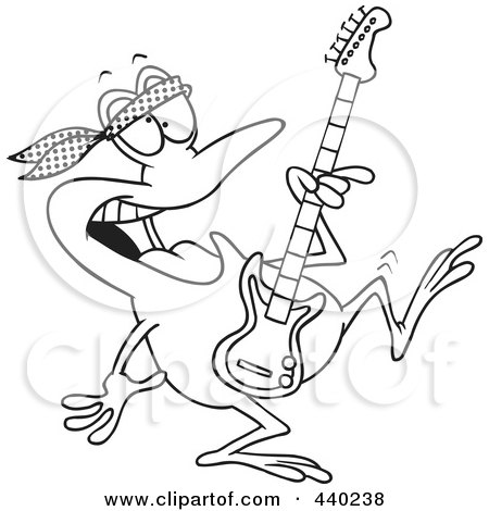 Royalty-Free (RF) Clip Art Illustration of a Cartoon Black And White Outline Design Of A Dancing Guitarist Frog by toonaday