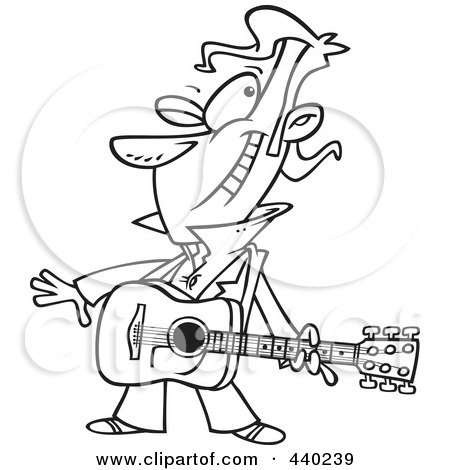 Royalty-Free (RF) Clip Art Illustration of a Cartoon Black And White Outline Design Of A Winking Male Guitarist by toonaday