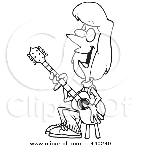Royalty-Free (RF) Clip Art Illustration of a Cartoon Black And White Outline Design Of A Female Guitarist Sitting On A Stool by toonaday